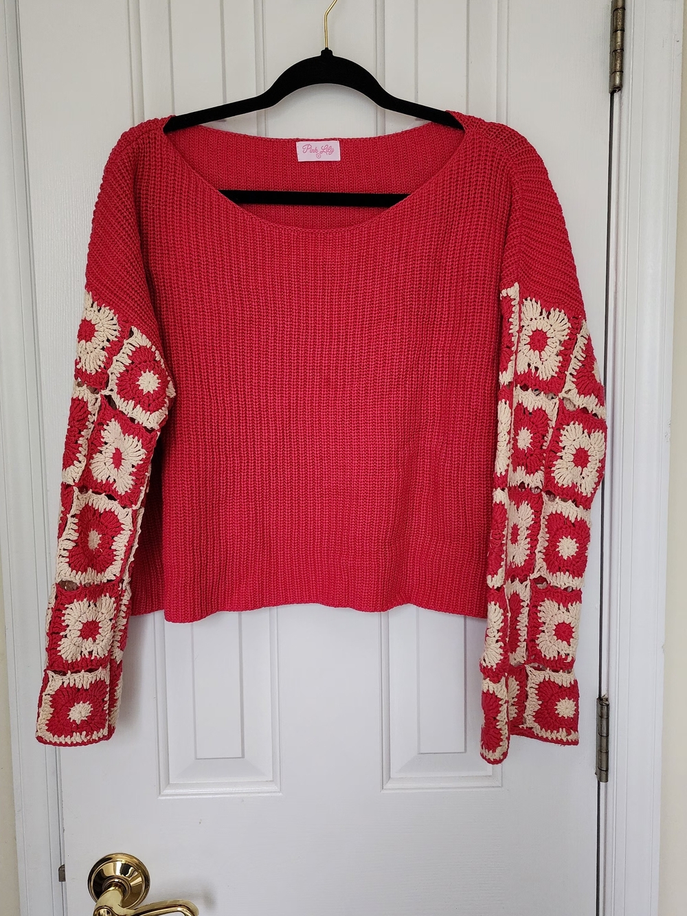 Pink Lily Coral Pink Sweater with Cream Crochet Sleeve Squares Medium